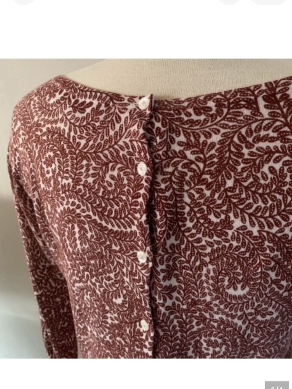 LOFT Burgundy Leaf Print Knit Back Buttons Cardigan Size Medium